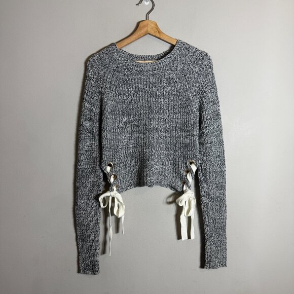 Vintage Guess Y2K Lace Up Crewneck Sweater Pullover Women's Small Gray Retro 00s - Picture 2 of 14